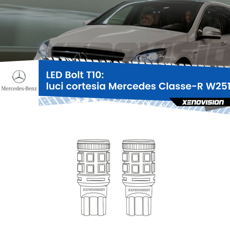 Luci Cortesia LED Mercedes Classe-R W251, V251 2006 - 2014: T10 Bolt <strong>Luci Cortesia LED per Mercedes Classe-R</strong> W251, V251 2006 - 2014. Coppia lampade <strong>T10</strong> modello Bolt canbus.