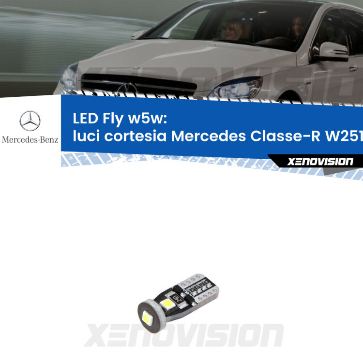 <strong>luci cortesia LED per Mercedes Classe-R</strong> W251, V251 2006 - 2014. Coppia lampadine <strong>w5w</strong> Canbus compatte modello Fly Xenovision.