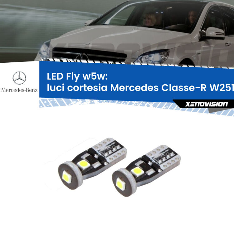 Luci Cortesia LED Mercedes Classe-R W251, V251 2006 - 2014: W5W Fly <strong>luci cortesia LED per Mercedes Classe-R</strong> W251, V251 2006 - 2014. Coppia lampadine <strong>w5w</strong> Canbus compatte modello Fly Xenovision.