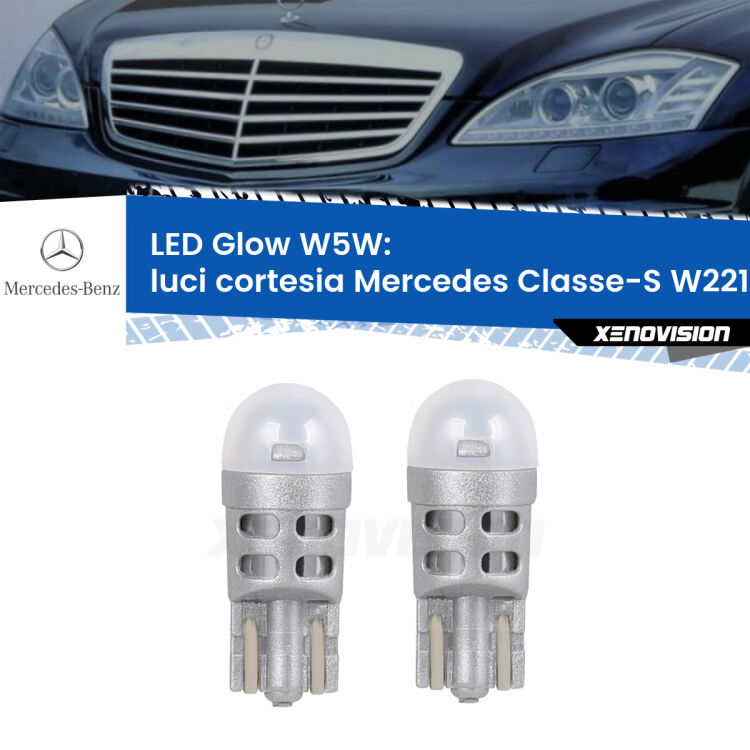 Luci Cortesia LED Mercedes Classe-S W221 2005 - 2013: W5W Glow a Luce Calda <strong>Luci Cortesia LED luce calda per Mercedes Classe-S</strong> W221 2005 - 2013. Coppia lampade <strong>W5W</strong> modello Glow di Xenovision.