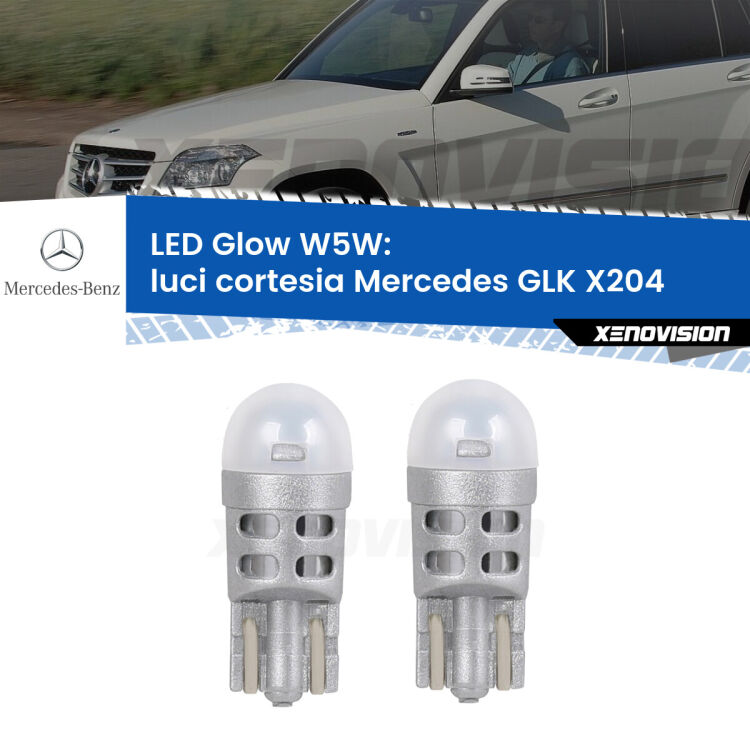 0 Luci Cortesia LED Mercedes GLK X204 anteriori: W5W Glow a Luce Calda <strong>Luci Cortesia LED luce calda per Mercedes GLK</strong> X204 anteriori. Coppia lampade <strong>W5W</strong> modello Glow di Xenovision.