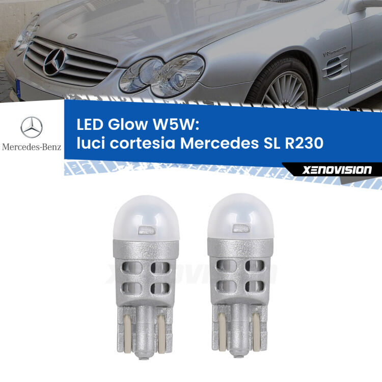 0 Luci Cortesia LED Mercedes SL R230 2001 - 2012: W5W Glow a Luce Calda <strong>Luci Cortesia LED luce calda per Mercedes SL</strong> R230 2001 - 2012. Coppia lampade <strong>W5W</strong> modello Glow di Xenovision.