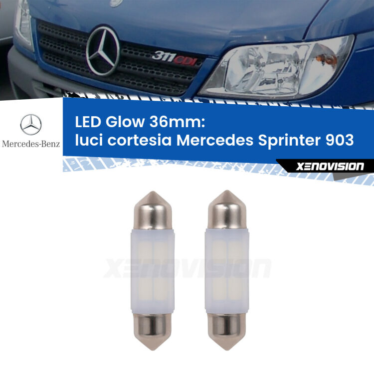 0 Luci Cortesia LED Mercedes Sprinter 903 1995 - 2006: C5W Glow a Luce Calda (Coppia) <strong>Luci Cortesia LED luce calda per Mercedes Sprinter</strong> 903 1995 - 2006. Coppia lampade <strong>C5W</strong> 36mm modello Glow di Xenovision.