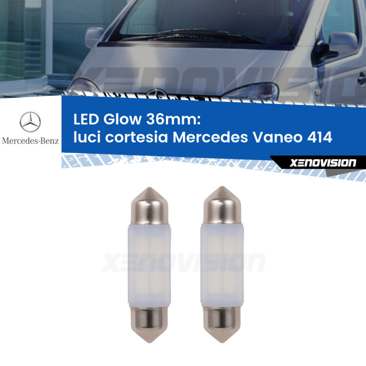 Luci Cortesia LED Mercedes Vaneo 414 2002 - 2005: C5W Glow a Luce Calda (Coppia) <strong>Luci Cortesia LED luce calda per Mercedes Vaneo</strong> 414 2002 - 2005. Coppia lampade <strong>C5W</strong> 36mm modello Glow di Xenovision.