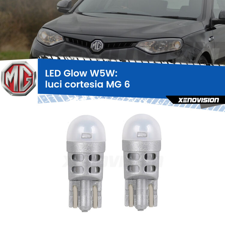 0 Luci Cortesia LED MG 6  2010 in poi: W5W Glow a Luce Calda <strong>Luci Cortesia LED luce calda per MG 6</strong>  2010 in poi. Coppia lampade <strong>W5W</strong> modello Glow di Xenovision.