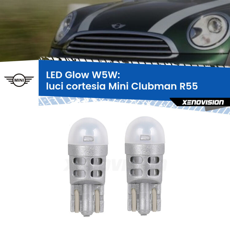0 Luci Cortesia LED Mini Clubman R55 2007 - 2015: W5W Glow a Luce Calda <strong>Luci Cortesia LED luce calda per Mini Clubman</strong> R55 2007 - 2015. Coppia lampade <strong>W5W</strong> modello Glow di Xenovision.