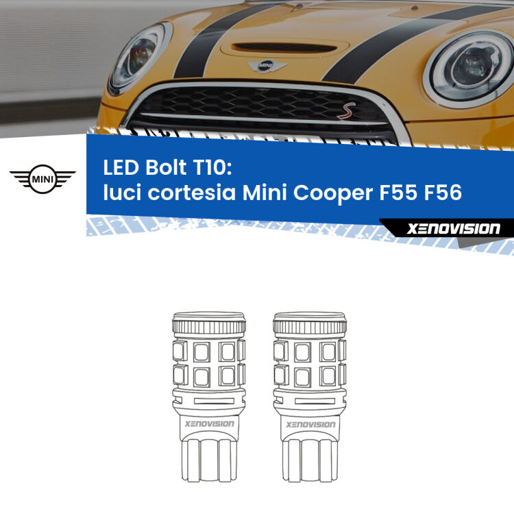 0 Luci Cortesia LED Mini Cooper F55 F56 2013 - 2017: T10 Bolt <strong>Luci Cortesia LED per Mini Cooper</strong> F55 F56 2013 - 2017. Coppia lampade <strong>T10</strong> modello Bolt canbus.