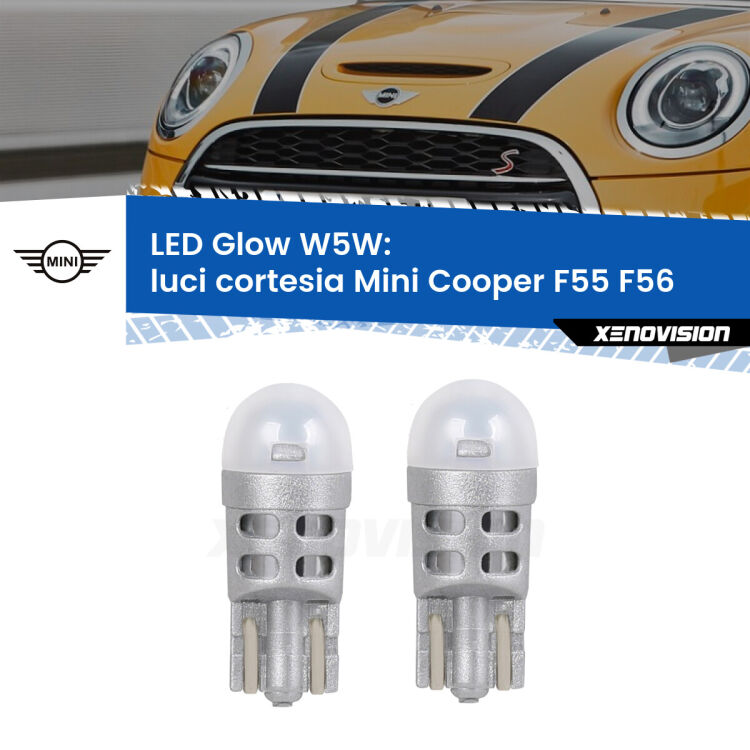0 Luci Cortesia LED Mini Cooper F55 F56 2013 - 2017: W5W Glow a Luce Calda <strong>Luci Cortesia LED luce calda per Mini Cooper</strong> F55 F56 2013 - 2017. Coppia lampade <strong>W5W</strong> modello Glow di Xenovision.