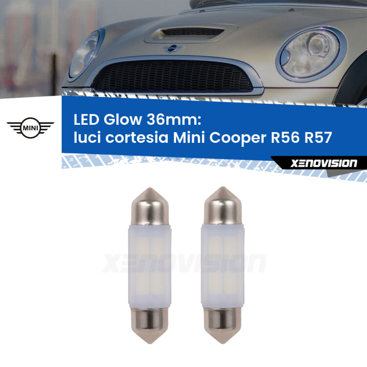 Luci Cortesia LED Mini Cooper R56 R57 2006 - 2013: C5W Glow a Luce Calda (Coppia) <strong>Luci Cortesia LED luce calda per Mini Cooper</strong> R56 R57 2006 - 2013. Coppia lampade <strong>C5W</strong> 36mm modello Glow di Xenovision.