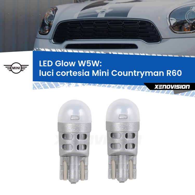 0 Luci Cortesia LED Mini Countryman R60 2010 - 2016: W5W Glow a Luce Calda <strong>Luci Cortesia LED luce calda per Mini Countryman</strong> R60 2010 - 2016. Coppia lampade <strong>W5W</strong> modello Glow di Xenovision.