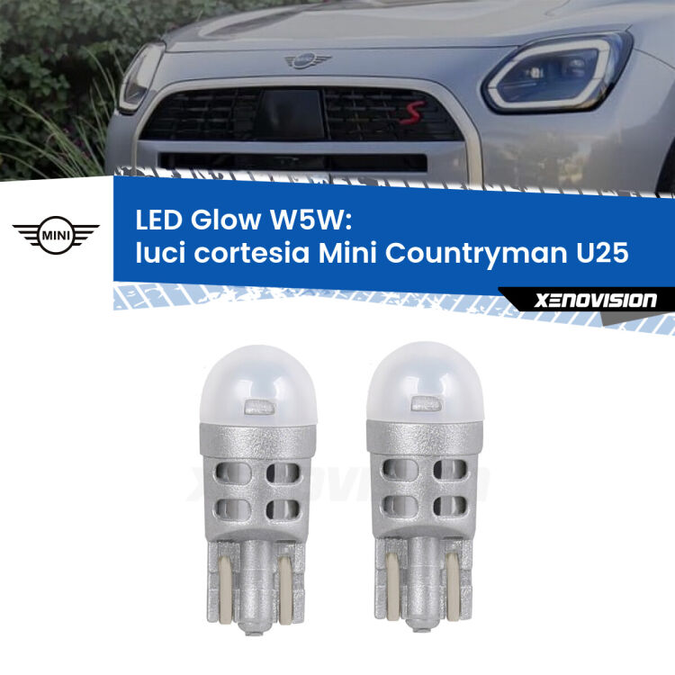 0 Luci Cortesia LED Mini Countryman U25 in poi: W5W Glow a Luce Calda <strong>Luci Cortesia LED luce calda per Mini Countryman</strong> U25 in poi. Coppia lampade <strong>W5W</strong> modello Glow di Xenovision.