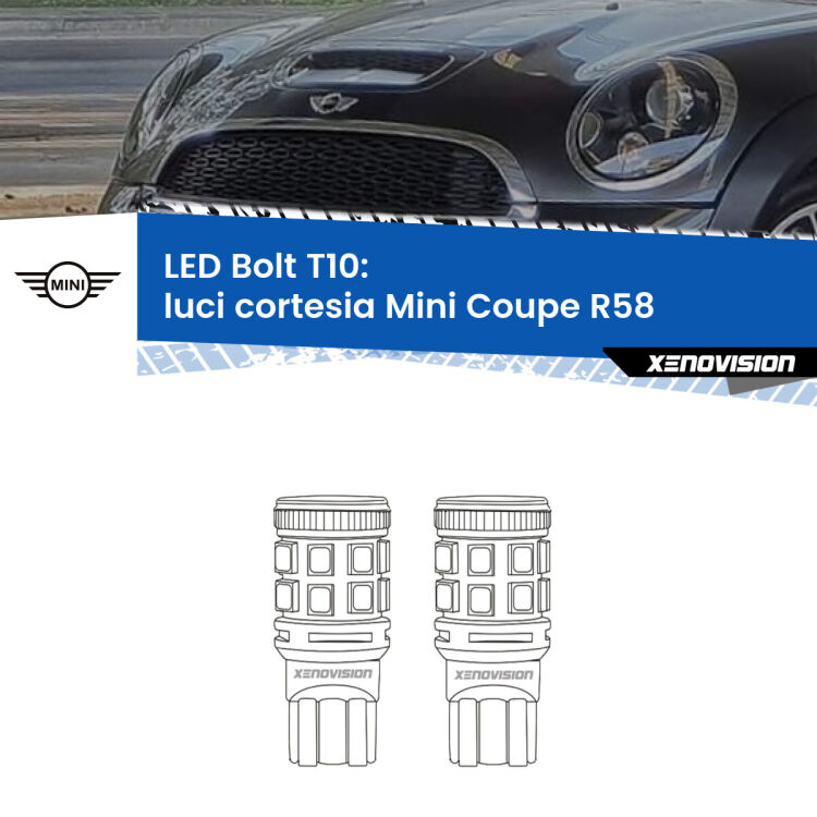 0 Luci Cortesia LED Mini Coupe R58 2011 - 2015: T10 Bolt <strong>Luci Cortesia LED per Mini Coupe</strong> R58 2011 - 2015. Coppia lampade <strong>T10</strong> modello Bolt canbus.