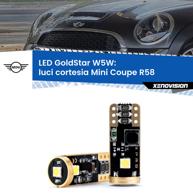 0 Luci Cortesia LED Mini Coupe R58 2011 - 2015: T10 GoldStar <strong>Luci Cortesia LED Mini Coupe</strong> R58 2011 - 2015: ottima luminosità a 360 gradi. Si inseriscono ovunque. Canbus, Top Quality.