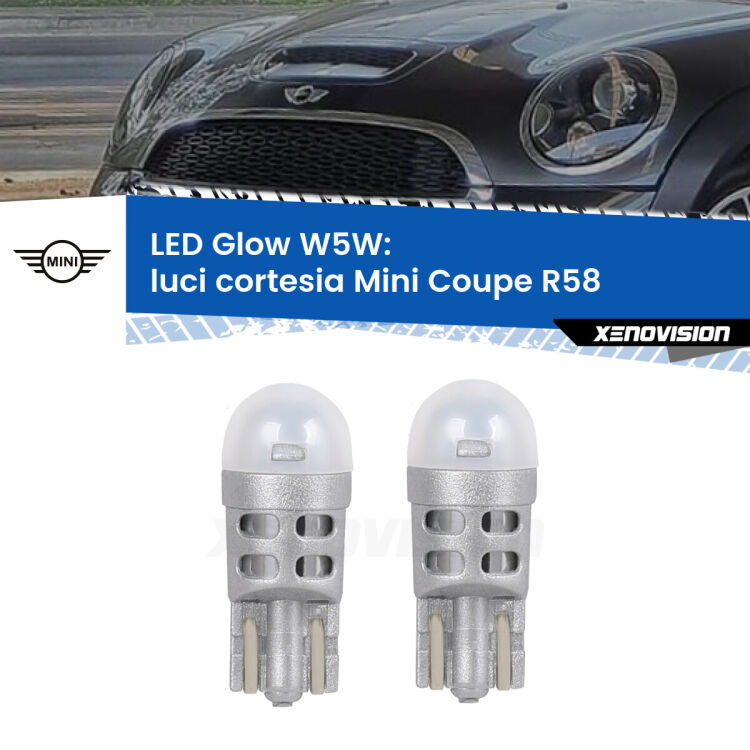 0 Luci Cortesia LED Mini Coupe R58 2011 - 2015: W5W Glow a Luce Calda <strong>Luci Cortesia LED luce calda per Mini Coupe</strong> R58 2011 - 2015. Coppia lampade <strong>W5W</strong> modello Glow di Xenovision.