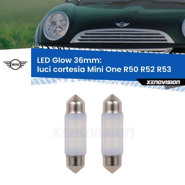 0 Luci Cortesia LED Mini One R50 R52 R53 2001 - 2006: C5W Glow a Luce Calda (Coppia) <strong>Luci Cortesia LED luce calda per Mini One</strong> R50 R52 R53 2001 - 2006. Coppia lampade <strong>C5W</strong> 36mm modello Glow di Xenovision.