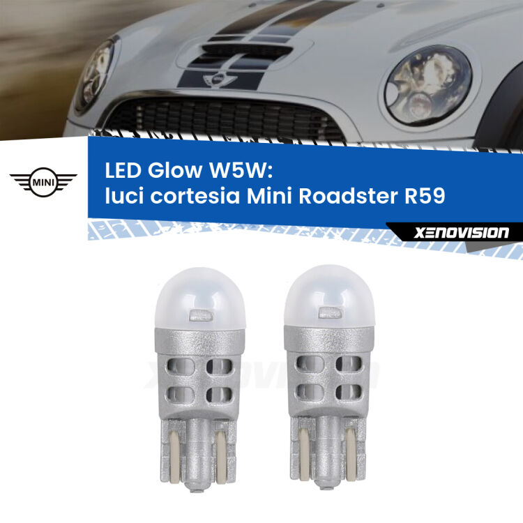 0 Luci Cortesia LED Mini Roadster R59 2012 - 2015: W5W Glow a Luce Calda <strong>Luci Cortesia LED luce calda per Mini Roadster</strong> R59 2012 - 2015. Coppia lampade <strong>W5W</strong> modello Glow di Xenovision.