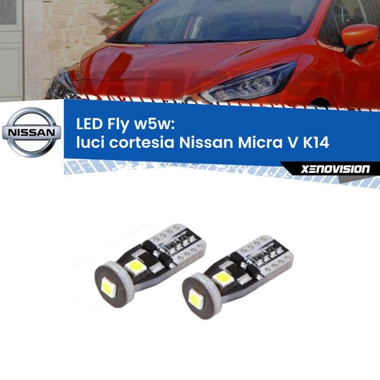 0 Luci Cortesia LED Nissan Micra V K14 2016 in poi: W5W Fly <strong>luci cortesia LED per Nissan Micra V</strong> K14 2016 in poi. Coppia lampadine <strong>w5w</strong> Canbus compatte modello Fly Xenovision.