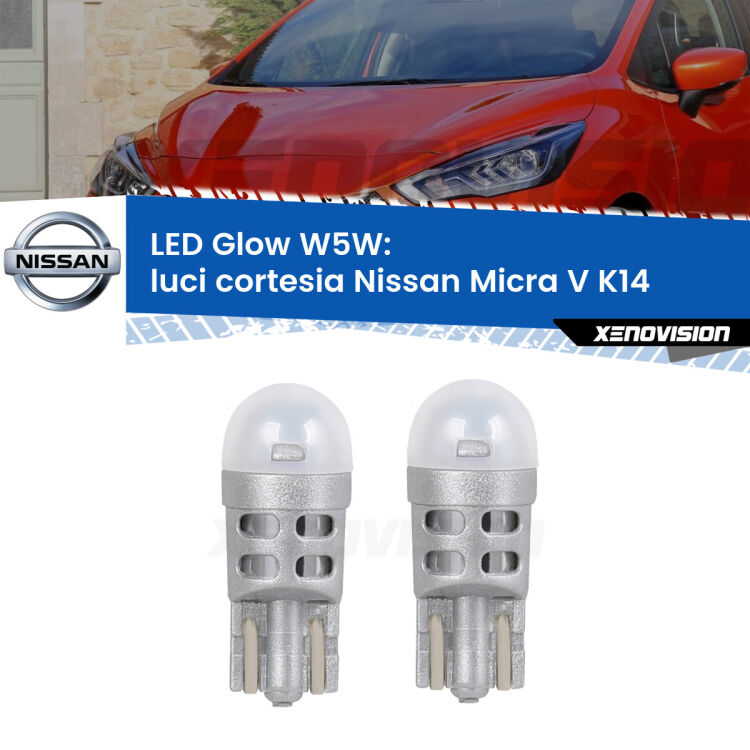 Luci Cortesia LED Nissan Micra V K14 2016 in poi: W5W Glow a Luce Calda <strong>Luci Cortesia LED luce calda per Nissan Micra V</strong> K14 2016 in poi. Coppia lampade <strong>W5W</strong> modello Glow di Xenovision.