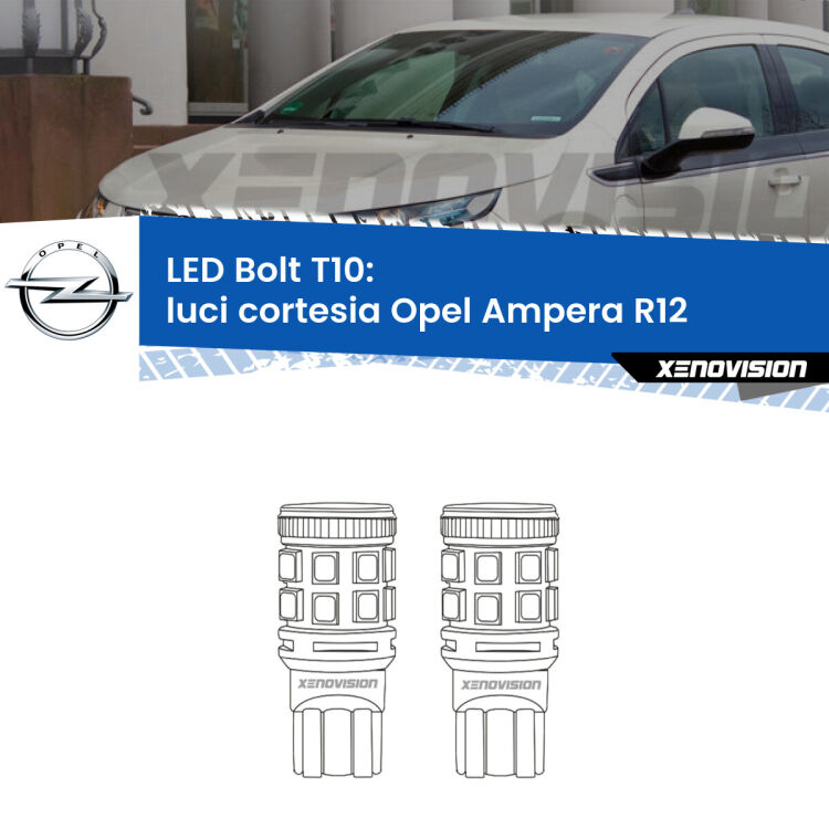 0 Luci Cortesia LED Opel Ampera R12 2011 - 2015: T10 Bolt <strong>Luci Cortesia LED per Opel Ampera</strong> R12 2011 - 2015. Coppia lampade <strong>T10</strong> modello Bolt canbus.