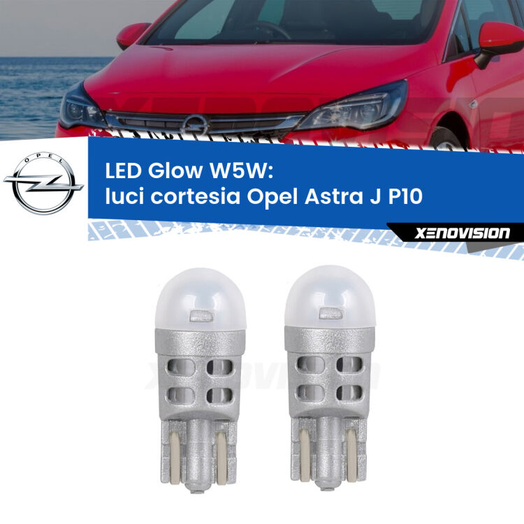 0 Luci Cortesia LED Opel Astra J P10 2009 - 2015: W5W Glow a Luce Calda <strong>Luci Cortesia LED luce calda per Opel Astra J</strong> P10 2009 - 2015. Coppia lampade <strong>W5W</strong> modello Glow di Xenovision.