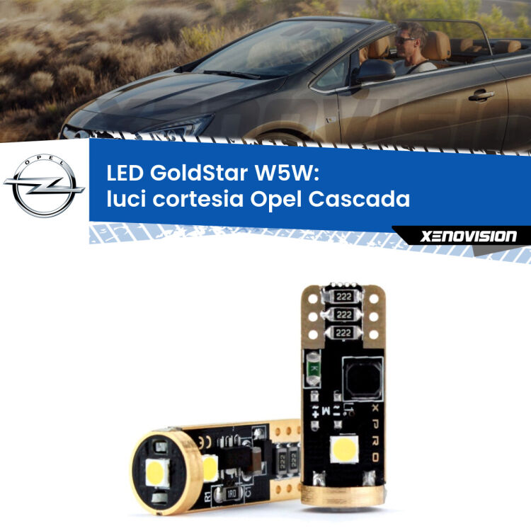 0 Luci Cortesia LED Opel Cascada  2013 - 2019: T10 GoldStar <strong>Luci Cortesia LED Opel Cascada</strong>  2013 - 2019: ottima luminosità a 360 gradi. Si inseriscono ovunque. Canbus, Top Quality.