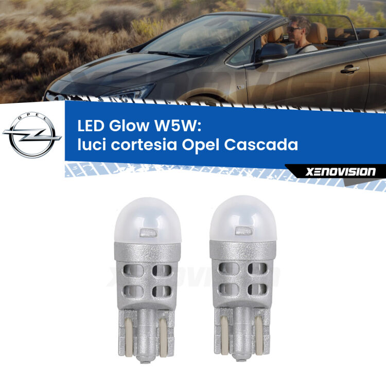 0 Luci Cortesia LED Opel Cascada  2013 - 2019: W5W Glow a Luce Calda <strong>Luci Cortesia LED luce calda per Opel Cascada</strong>  2013 - 2019. Coppia lampade <strong>W5W</strong> modello Glow di Xenovision.