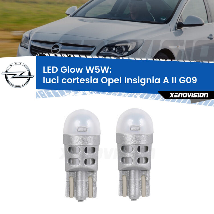 Luci Cortesia LED Opel Insignia A II G09 2014 - 2017: W5W Glow a Luce Calda <strong>Luci Cortesia LED luce calda per Opel Insignia A II</strong> G09 2014 - 2017. Coppia lampade <strong>W5W</strong> modello Glow di Xenovision.