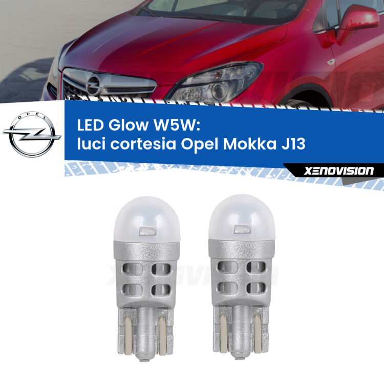 0 Luci Cortesia LED Opel Mokka J13 anteriori: W5W Glow a Luce Calda <strong>Luci Cortesia LED luce calda per Opel Mokka</strong> J13 anteriori. Coppia lampade <strong>W5W</strong> modello Glow di Xenovision.