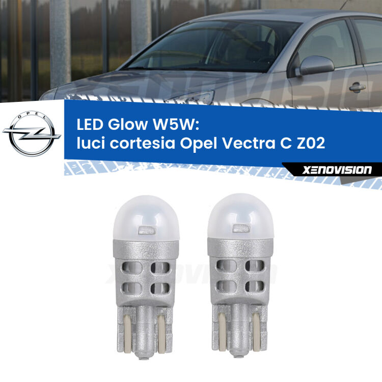 Luci Cortesia LED Opel Vectra C Z02 2002 - 2010: W5W Glow a Luce Calda <strong>Luci Cortesia LED luce calda per Opel Vectra C</strong> Z02 2002 - 2010. Coppia lampade <strong>W5W</strong> modello Glow di Xenovision.