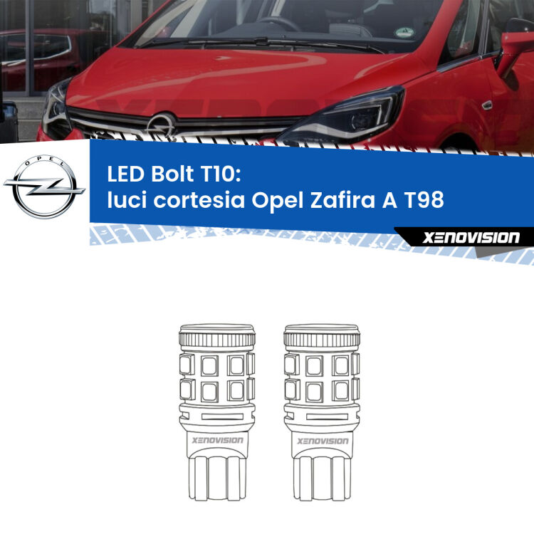 0 Luci Cortesia LED Opel Zafira A T98 1999 - 2005: T10 Bolt <strong>Luci Cortesia LED per Opel Zafira A</strong> T98 1999 - 2005. Coppia lampade <strong>T10</strong> modello Bolt canbus.