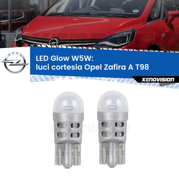 0 Luci Cortesia LED Opel Zafira A T98 1999 - 2005: W5W Glow a Luce Calda <strong>Luci Cortesia LED luce calda per Opel Zafira A</strong> T98 1999 - 2005. Coppia lampade <strong>W5W</strong> modello Glow di Xenovision.