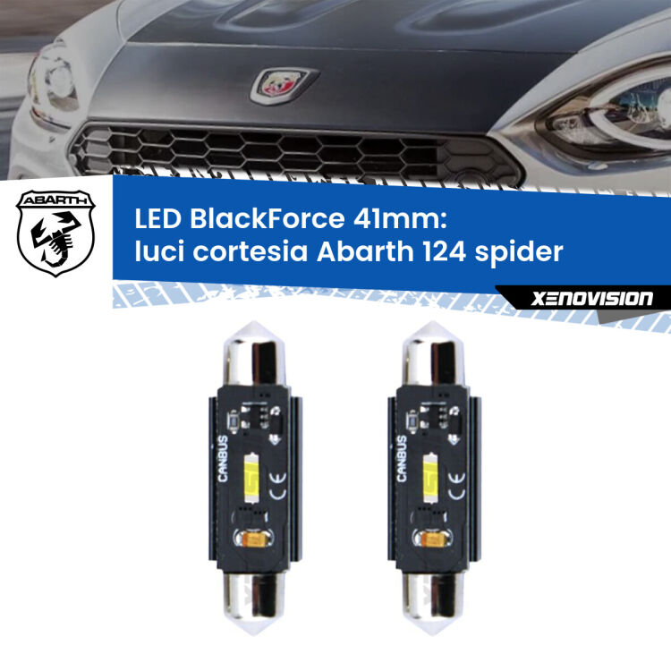 0 Luci Cortesia LED per Abarth 124 spider 2016 - 2019: C5W BlackForce 41mm (Coppia) <strong>Luci Cortesia LED per Abarth 124 spider</strong> 2016 - 2019. Coppia lampade <strong>C5W</strong> 41mm modello BlackForce canbus.