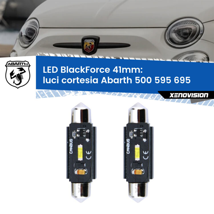 0 Luci Cortesia LED per Abarth 500 595 695 2008 - 2022: C5W BlackForce 41mm (Coppia) <strong>Luci Cortesia LED per Abarth 500 595 695</strong> 2008 - 2022. Coppia lampade <strong>C5W</strong> 41mm modello BlackForce canbus.