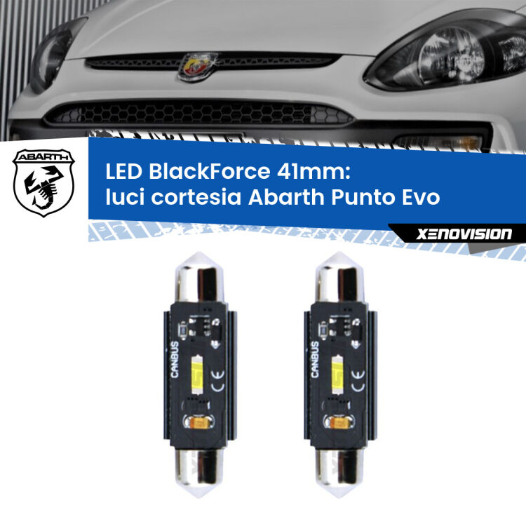 0 Luci Cortesia LED per Abarth Punto Evo 2010 - 2014: C5W BlackForce 41mm (Coppia) <strong>Luci Cortesia LED per Abarth Punto Evo</strong> 2010 - 2014. Coppia lampade <strong>C5W</strong> 41mm modello BlackForce canbus.