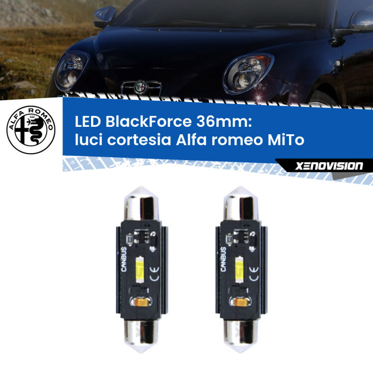0 Luci Cortesia LED per Alfa romeo MiTo 2008 - 2018: C5W BlackForce 36mm (Coppia) <strong>Luci Cortesia LED per Alfa romeo MiTo</strong> 2008 - 2018. Coppia lampade <strong>C5W</strong> 36mm modello BlackForce canbus.
