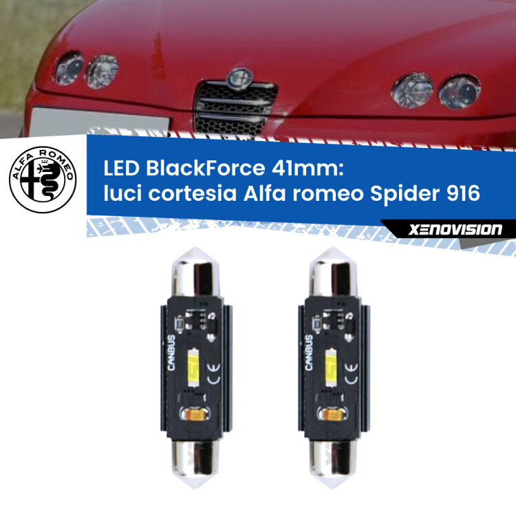 0 Luci Cortesia LED per Alfa romeo Spider 916 1995 - 2005: C5W BlackForce 41mm (Coppia) <strong>Luci Cortesia LED per Alfa romeo Spider</strong> 916 1995 - 2005. Coppia lampade <strong>C5W</strong> 41mm modello BlackForce canbus.