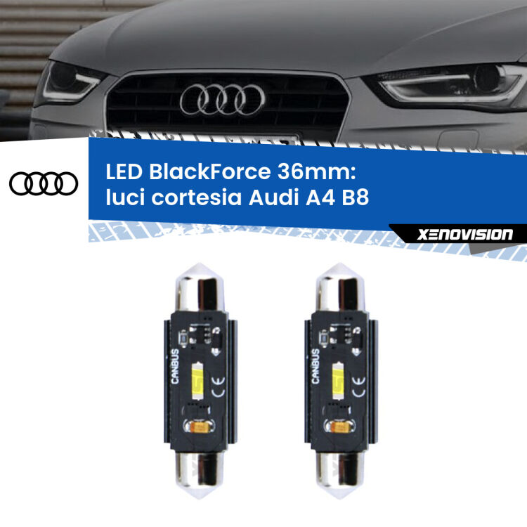 0 Luci Cortesia LED per Audi A4 B8 2007 - 2015: C5W BlackForce 36mm (Coppia) <strong>Luci Cortesia LED per Audi A4</strong> B8 2007 - 2015. Coppia lampade <strong>C5W</strong> 36mm modello BlackForce canbus.