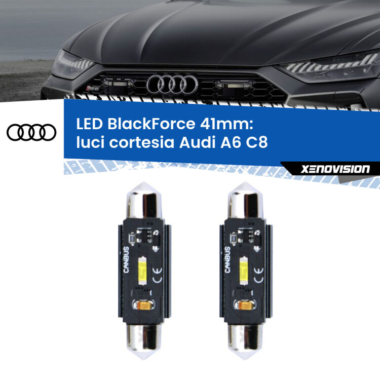 0 Luci Cortesia LED per Audi A6 C8 2018 in poi: C5W BlackForce 41mm (Coppia) <strong>Luci Cortesia LED per Audi A6</strong> C8 2018 in poi. Coppia lampade <strong>C5W</strong> 41mm modello BlackForce canbus.