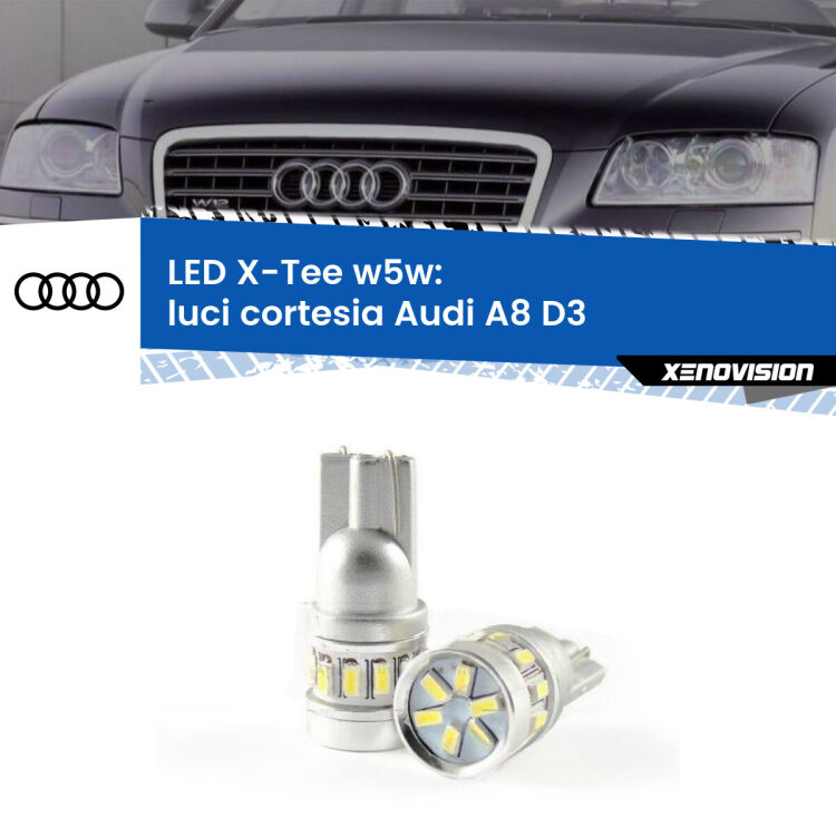 0 Luci Cortesia LED per Audi A8 D3 2002 - 2009: W5W X-Tee <strong>LED luci cortesia per Audi A8</strong> D3 2002 - 2009. Lampade <strong>W5W</strong> modello X-Tee Xenovision top di gamma.