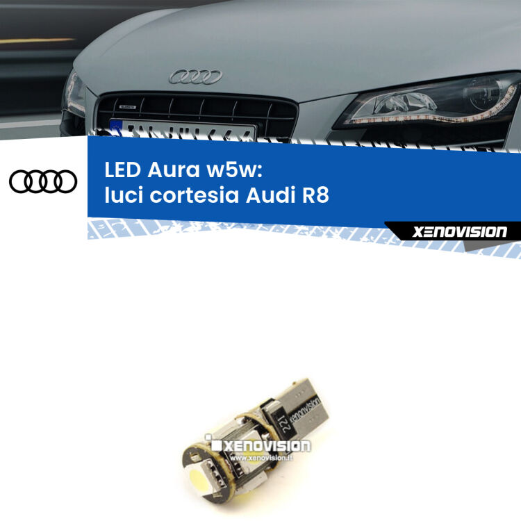 0 Luci Cortesia LED per Audi R8 2007 - 2015: Aura w5w <strong>LED luci cortesia w5w per Audi R8</strong> 2007 - 2015. Una lampadina <strong>w5w</strong> canbus luce bianca 6000k modello Aura Xenovision.