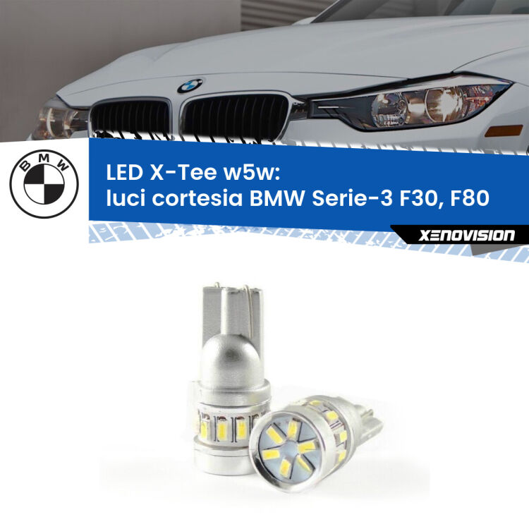 0 Luci Cortesia LED per BMW Serie-3 F30, F80 posteriori: W5W X-Tee <strong>LED luci cortesia per BMW Serie-3</strong> F30, F80 posteriori. Lampade <strong>W5W</strong> modello X-Tee Xenovision top di gamma.