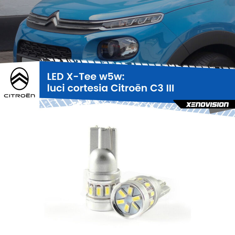 0 Luci Cortesia LED per Citroën C3 III 2016 in poi: W5W X-Tee <strong>LED luci cortesia per Citroën C3</strong> III 2016 in poi. Lampade <strong>W5W</strong> modello X-Tee Xenovision top di gamma.