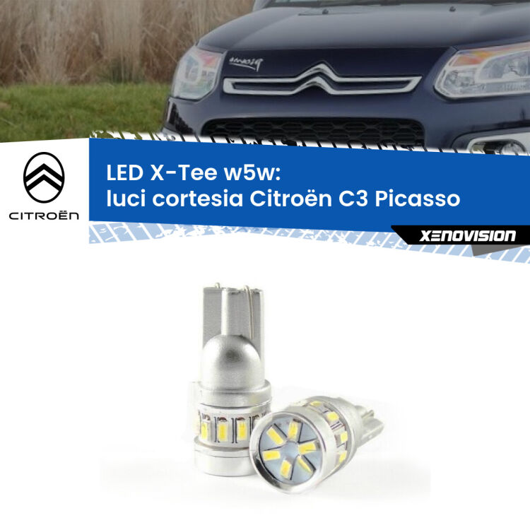 0 Luci Cortesia LED per Citroën C3 Picasso 2009 - 2016: W5W X-Tee <strong>LED luci cortesia per Citroën C3 Picasso</strong> 2009 - 2016. Lampade <strong>W5W</strong> modello X-Tee Xenovision top di gamma.