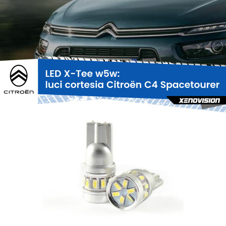Luci Cortesia LED per Citroën C4 Spacetourer  Versione 1: W5W X-Tee <strong>LED luci cortesia per Citroën C4 Spacetourer</strong>  Versione 1. Lampade <strong>W5W</strong> modello X-Tee Xenovision top di gamma.