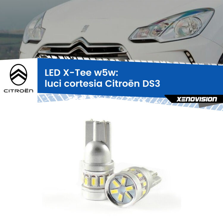 0 Luci Cortesia LED per Citroën DS3 2009 - 2015: W5W X-Tee <strong>LED luci cortesia per Citroën DS3</strong> 2009 - 2015. Lampade <strong>W5W</strong> modello X-Tee Xenovision top di gamma.