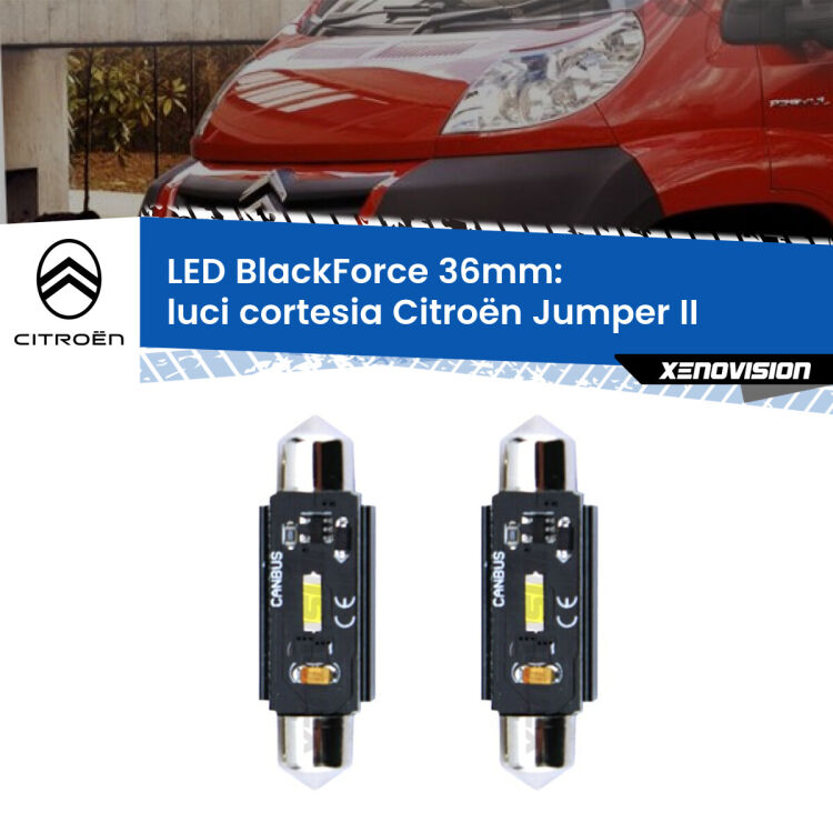 0 Luci Cortesia LED per Citroën Jumper II anteriori: C5W BlackForce 36mm (Coppia) <strong>Luci Cortesia LED per Citroën Jumper</strong> II anteriori. Coppia lampade <strong>C5W</strong> 36mm modello BlackForce canbus.