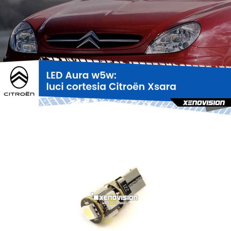 0 Luci Cortesia LED per Citroën Xsara 1997 - 2005: Aura w5w <strong>LED luci cortesia w5w per Citroën Xsara</strong> 1997 - 2005. Una lampadina <strong>w5w</strong> canbus luce bianca 6000k modello Aura Xenovision.