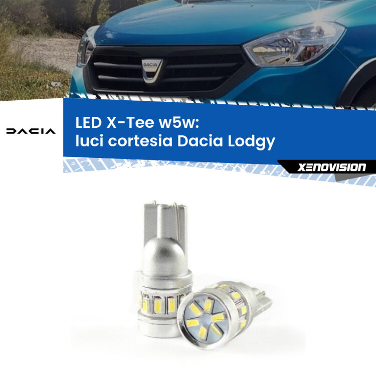 0 Luci Cortesia LED per Dacia Lodgy 2012 in poi: W5W X-Tee <strong>LED luci cortesia per Dacia Lodgy</strong> 2012 in poi. Lampade <strong>W5W</strong> modello X-Tee Xenovision top di gamma.