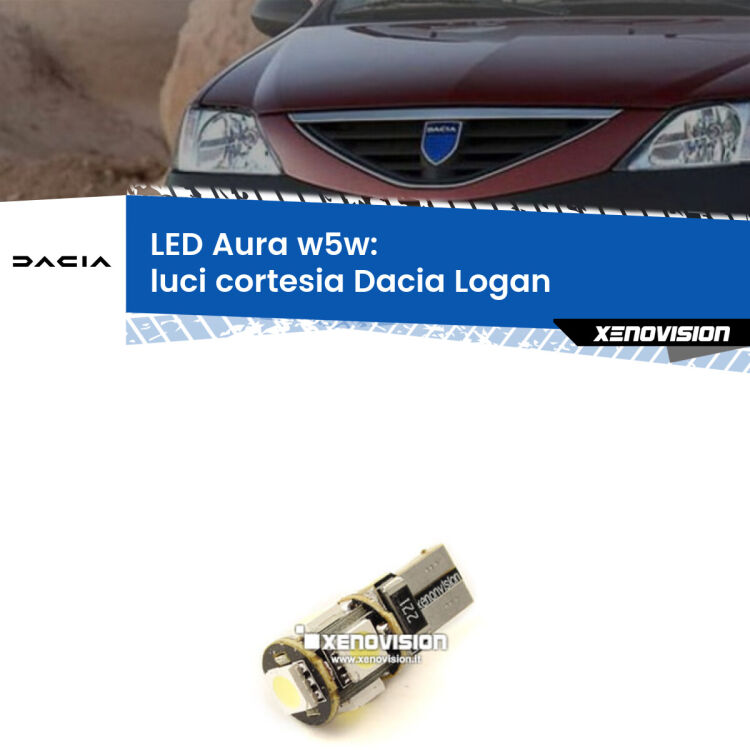 0 Luci Cortesia LED per Dacia Logan 2004 - 2011: Aura w5w <strong>LED luci cortesia w5w per Dacia Logan</strong> 2004 - 2011. Una lampadina <strong>w5w</strong> canbus luce bianca 6000k modello Aura Xenovision.