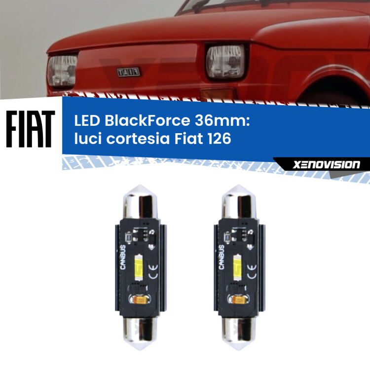 0 Luci Cortesia LED per Fiat 126 1972 - 2000: C5W BlackForce 36mm (Coppia) <strong>Luci Cortesia LED per Fiat 126</strong> 1972 - 2000. Coppia lampade <strong>C5W</strong> 36mm modello BlackForce canbus.